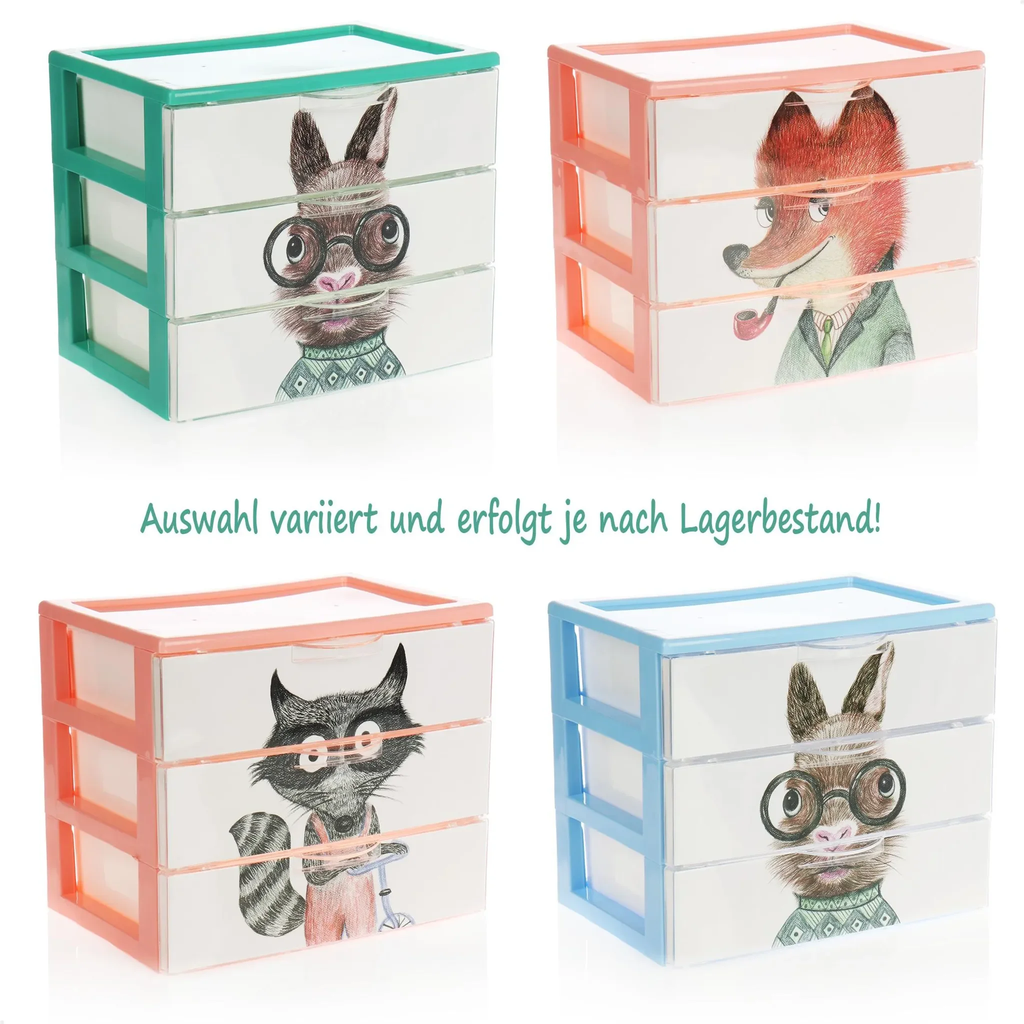 COM-FOUR® 2x Schubladenbox – Kunststoff-Aufbewahrungsbox für Kinder-Spielzeug, Bastelsachen, Stifte mit Tier-Motiven